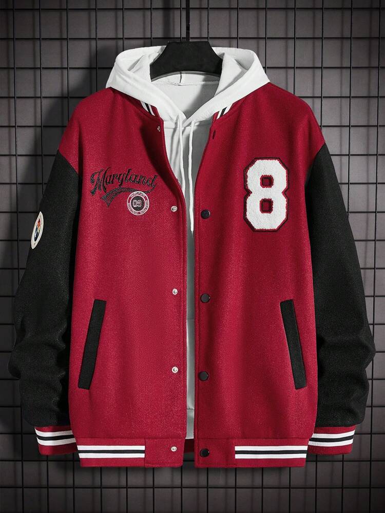 Loose Fit Men's Letter Embroidery Patchwork Sleeve Baseball Jacket
