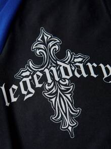 SHEIN EZwear 字母圖案插肩袖拉鏈開襟彈力緊身連體短褲 - 黑色 - 查看 3