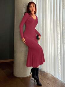 SHEIN Privé 女士純色人魚尾擺連身裙 - 紅色 - 查看 4