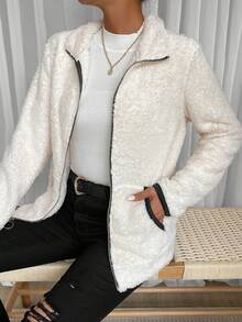 SHEIN Unity Abrigo Mullido De Mujer Con Detalles De Contraste - Albaricoque - Ver 4