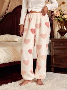 心形图案法兰绒睡衣裤 - 杏色 - 查看 5