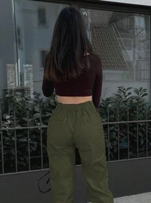 Pantalones cargo con múltiples bolsillos, casuales para primavera - Verde militar - Ver 3