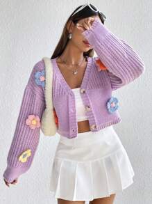 SHEIN Qutie 立體花卉落肩袖開襟衫 - 彩色 - 查看 7