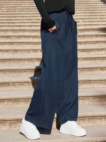 SHEIN Frenchy Drawstring Waist Wide Leg Pants - Navy Blue - View 4