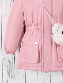 SHEIN Girls' Hooded -Padded Coat With Elastic Waist - Pink - View 3