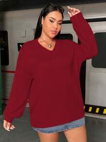 SHEIN MOOSTA 大尺碼紅色v領毛衣套頭 - 酒紅色 - 查看 3