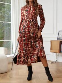 SHEIN Maternity Allover Print Belted Dress - Multicolor - View 4