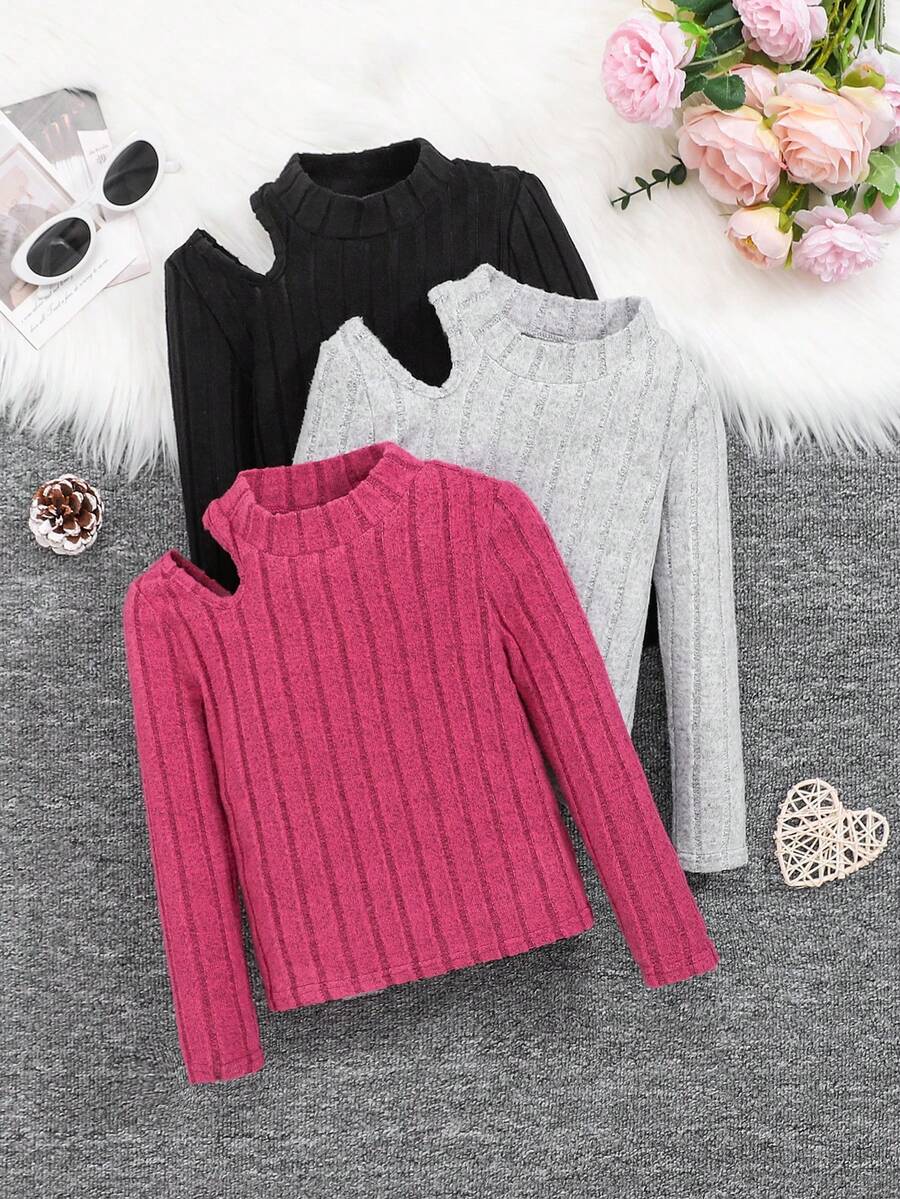SHEIN Cô Gái Trẻ 3pcs Cắt bỏ vai Cổ giả Áo thun - Nhiều màu - Xem 1