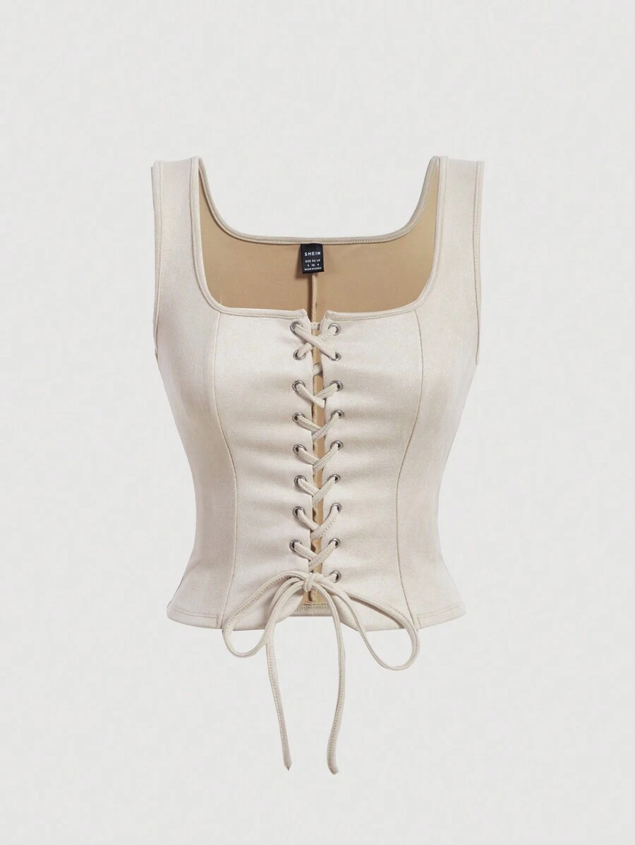 SHEIN MOD Lace lên phía trước Áo ba lỗ - Màu be - Xem 1