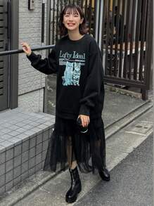 FRIFUL Của phụ nữ Mô hình hoạt hình mèo Thả vai Áo nỉ - màu đen - Xem 7