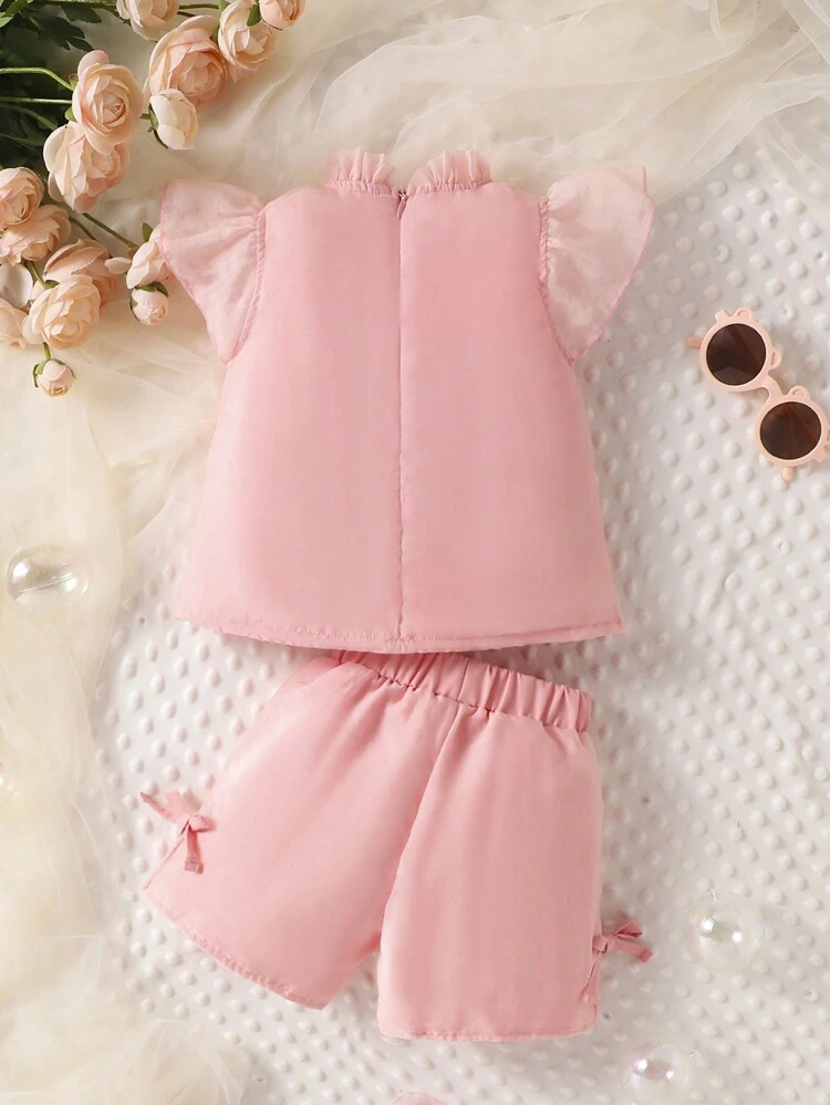 2-Piece Set For Baby Girls,Pink,Summmer,Tropical,2nd Birthday,Solid Color Glossy Cap Sleeve,Ruffled Flounces,Cute Bow Elastic Waist Shorts,Comfortable