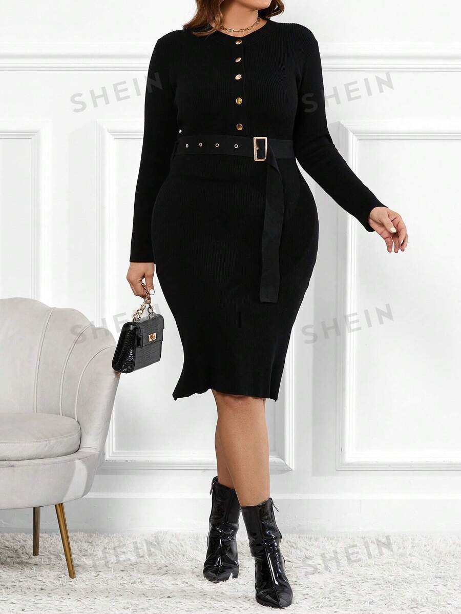 SHEIN Clasi Grande Taille Robe Pull Avec Devant À Bouton , Dos Fendu Et Ceinturé Taille Mode