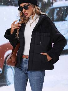 SHEIN LUNE Teddy Panel Drop Shoulder Drawstring Hooded Zipper Padded Padded Coat Clothes Winter - Black - View 3