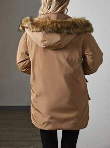 SHEIN LUNE 翻盖口袋毛绒装饰连帽加厚棉服外套衣服冬季 - 摩卡棕 - 查看 2