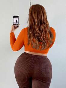 SHEIN SXY Plus Size Solid Color T-shirt With Button Detail - Orange - View 2