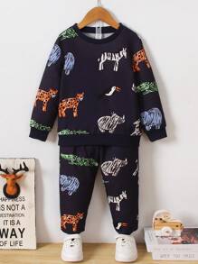 SHEIN 男孩卡通動物印花圓領長袖運動衫和寬鬆長褲套裝,舒適休閒秋季穿著 - 彩色 - 查看 1