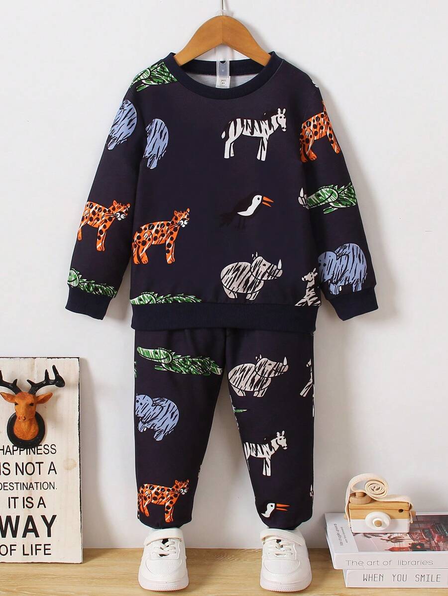 SHEIN 男孩卡通動物印花圓領長袖運動衫和寬鬆長褲套裝,舒適休閒秋季穿著 - 彩色 - 查看 1