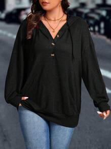 EMERY ROSE Sudadera con cordón y hombros caídos talla grande para mujeres, ideal para graduación, regreso a clases, graduación, maestros, sudadera de otoño e invierno - Negro - Ver 6