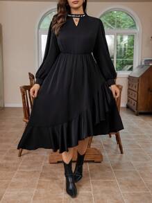 Calvaya Talla grande con perla Decoración de manga farol Vestido con bajo con fruncido - Negro - Ver 1