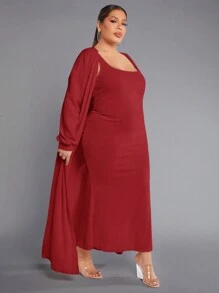 SHEIN SXY 大尺碼女款燈籠袖夾克和連身裙套裝 - 紅色 - 查看 5