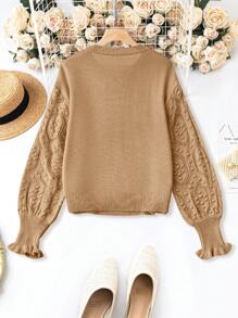 Calvaya Plus Contrast Popcorn Knit Flounce Sleeve Sweater - Khaki - View 2