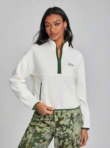 Milasneeze 艺术家女士半襟落肩运动衫，带字母刺绣和拉链，节日 - 米色 - 查看 1