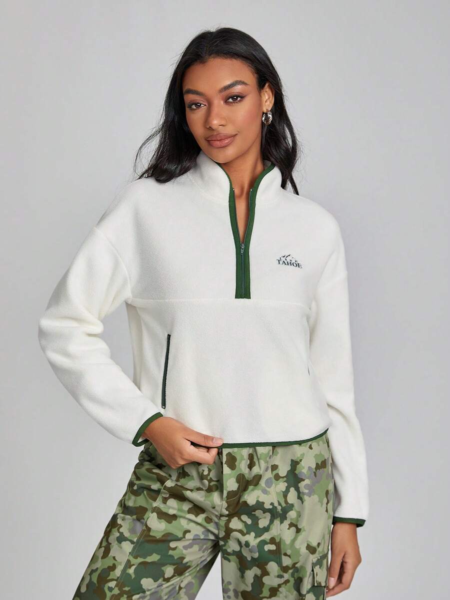 Milasneeze 艺术家女士半襟落肩运动衫，带字母刺绣和拉链，节日 - 米色 - 查看 1