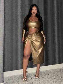 SHEIN Slayr 大碼鏤空前扭結金屬質感洋裝 - 棕色 - 查看 1