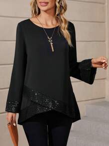 EMERY ROSE Women's Asymmetrical Line Printed Round Neck Loose Long Sleeve Shirt For Spring/Summer Teacher Shirts Women Blouses - Black - View 1