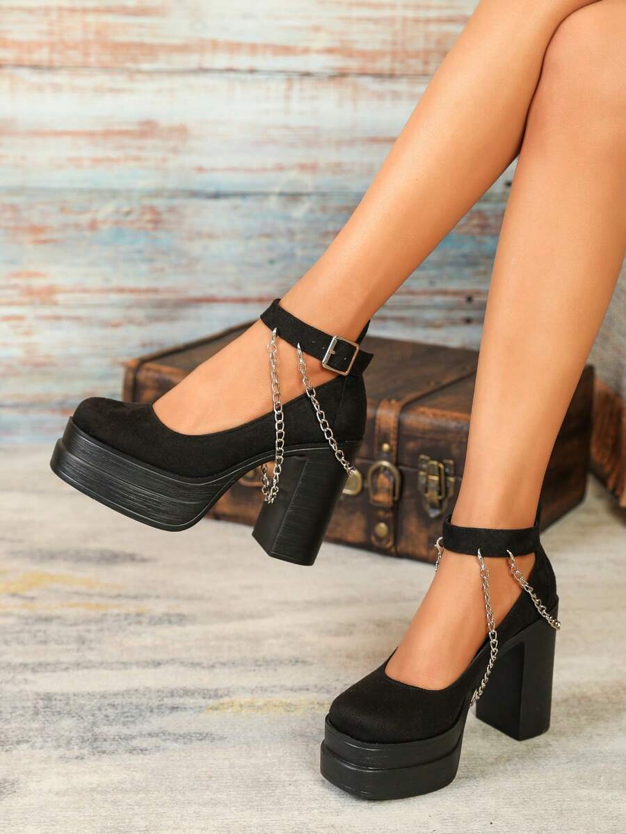 女士高跟泵鞋,黑色休閒校園風踝帶鏈條人造皮革毛皮11公分高跟防水平台