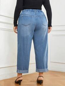 SHEIN LUNE Hơn Cuộn lên Hem Quần jean Mom Fit - Rửa trung bình - Xem 2