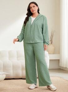 Mulvari Women's Plus Size Solid Color Zip Front Hooded Jacket And Wide Leg Pants Two-Piece Set 2 Piece Set
