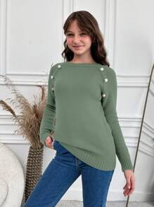 RueChic Teen Girls' Button Up Raglan Sleeve Sweater - Green - View 4