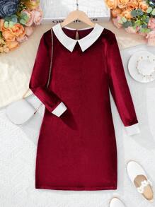 SHEIN 女大童拼接領絲絨洋裝 - 彩色 - 查看 1