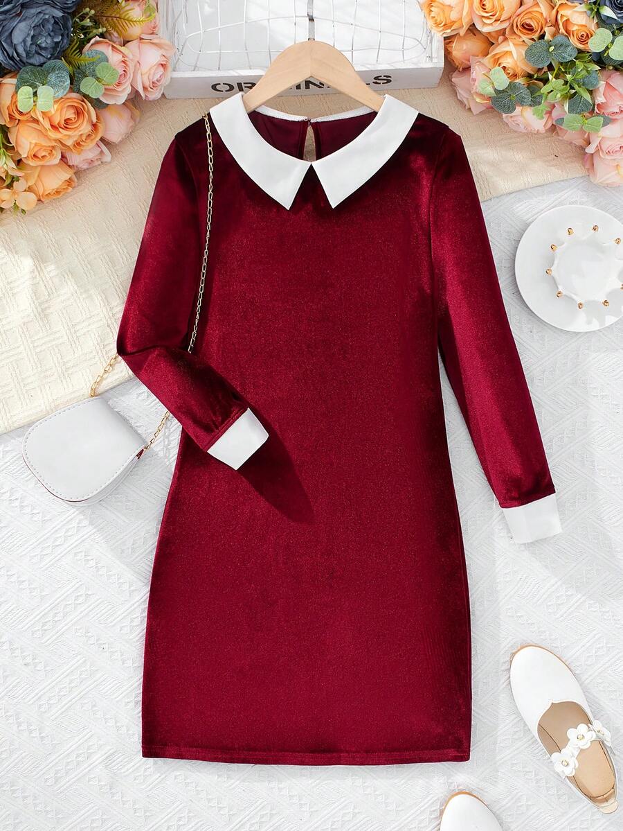 SHEIN 女大童拼接領絲絨洋裝 - 彩色 - 查看 1