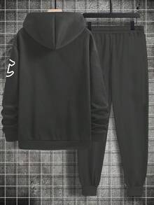 Manfinity Homme Men Plus Alphabet Pattern Hoodie And Pants Set - Grey - View 2