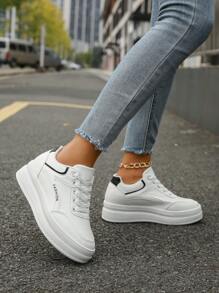 女性時尚圓頭校園風運動鞋,厚底設計,綁帶,增高休閒運動鞋 - 白色 - 查看 5