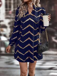 SHEIN LUNE Women's Zebra Patterned Dress With Gold-plated Design - Blue - View 3