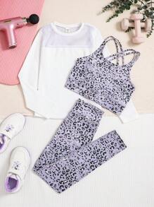 SHEIN 女童豹紋交叉背運動t恤&緊身褲&t恤 - 彩色 - 查看 1