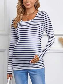 SHEIN Maternity Striped Print T-shirt - Blue and White - View 3