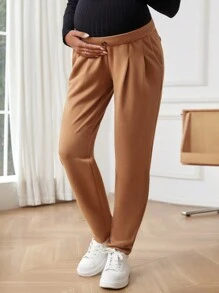 SHEIN Maternity Fold Pleated Adjustable Waist Pants - Apricot - View 4