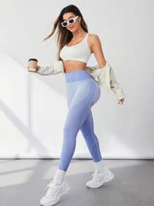 Yoga Basic Liền mạch Thắt lưng rộng Quần Xà cạp thể thao - Màu tím - Xem 4