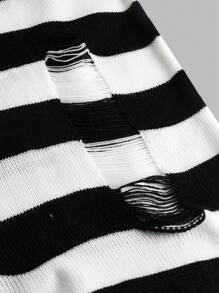 Teen Girl Striped Pattern Ripped Sweater