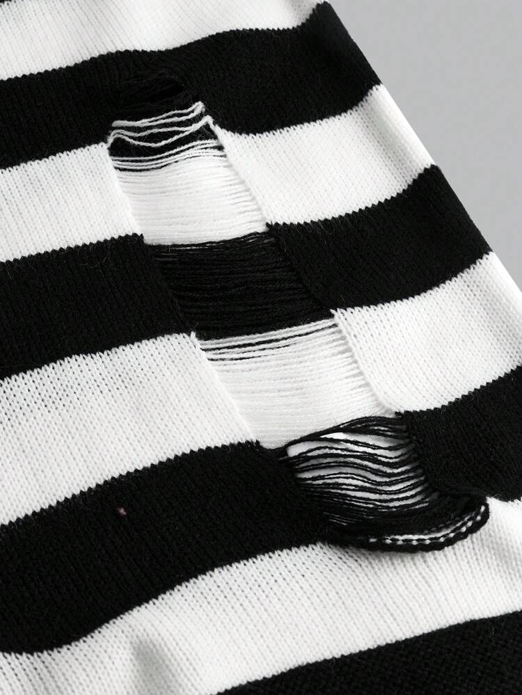 Teen Girl Striped Pattern Ripped Sweater
