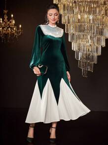 Modelyn Women's Pearl Decorated Velvet Colorblock Dress - Multicolor - View 1