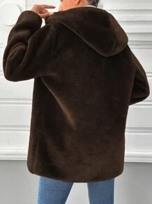 EURMUSE Zipper Hooded Fuzzy Coat - Dark Grey - View 2