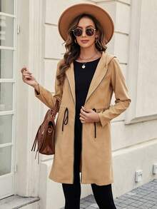 Chiquease Drawstring Waist Zip Up Hooded Coat - Khaki - View 6