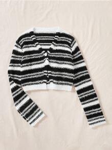 Soleia Striped Pattern Button Front Crop Cardigan - Multicolor - View 3