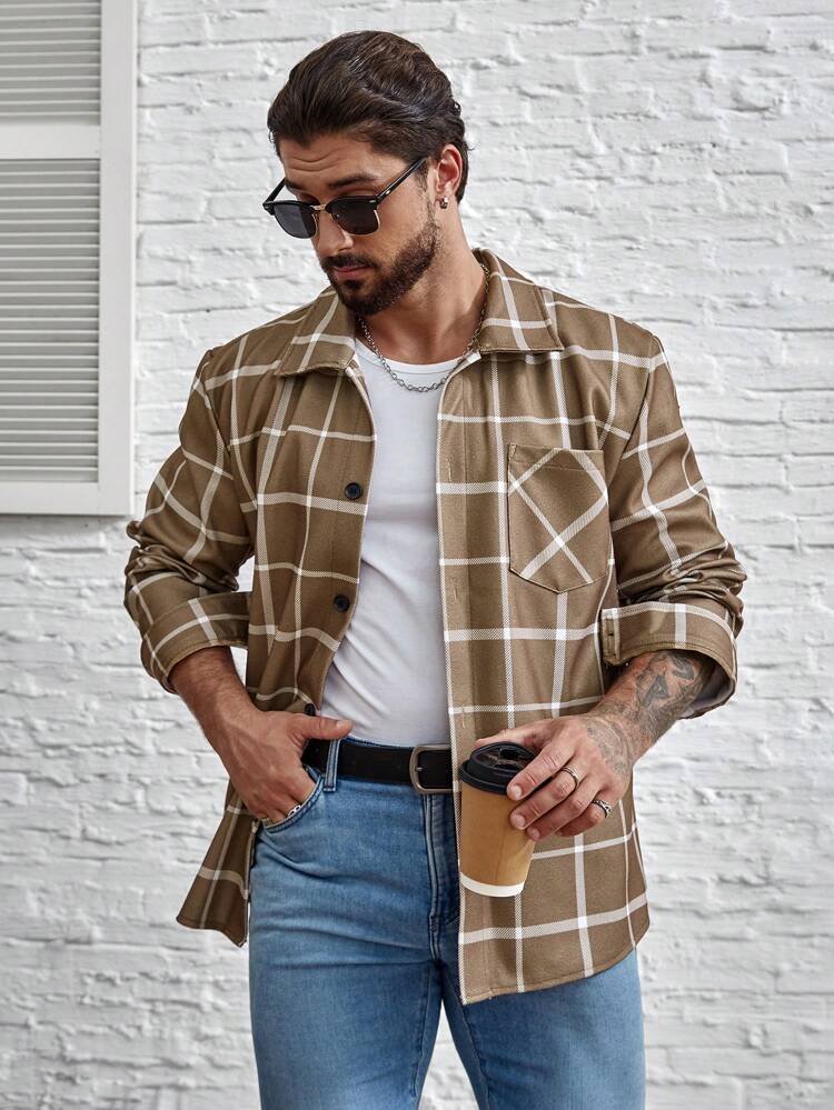 Men Plus Plaid Print Shacket Without Tee
