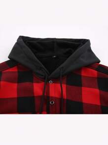 Camisa con capucha de franela engrosada para hombre, abrigo con forro térmico a cuadros de manga larga para el invierno - Rojo - Ver 8